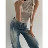 BXOXO Streetwear Folds Tank Tops Women Lace Up Sleeveless Tshirts Korean Fashion Chic Summer Mesh  Casual Tanks Y2k